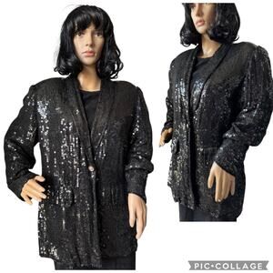 American Vtg Black Silk Sequined Formal Occasion one button Blazer coat medium